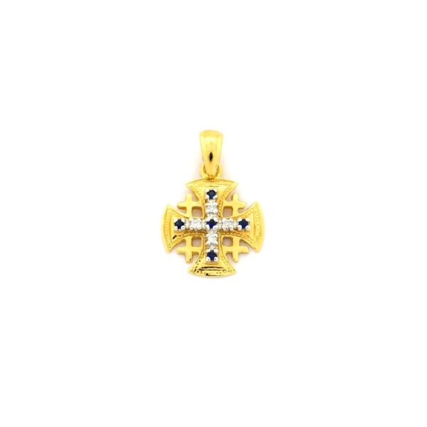 Cruz de Jerusalen de oro de 14K con diamantes y zafiros