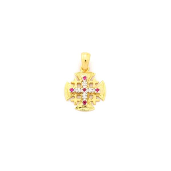 Cruz de Jerusalen de oro de 14K con diamantes y rubies