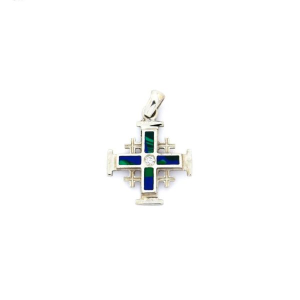 Cruz de Jerusalen de oro de 14K con malaquita y diamantes