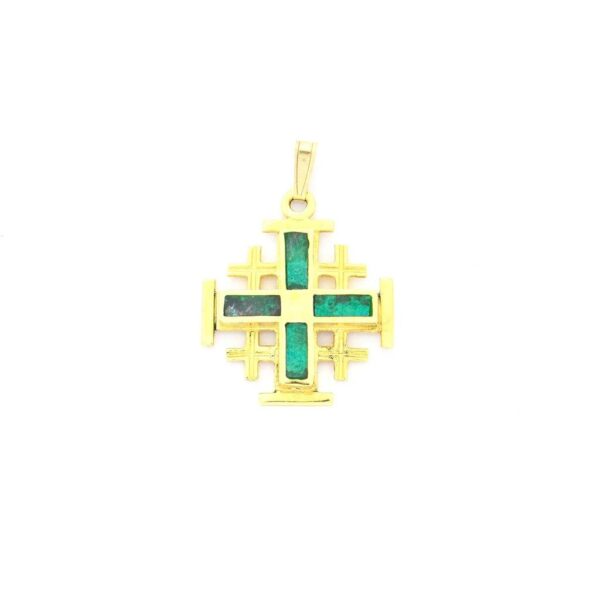 Cruz de Jerusalen de oro de 14K con malaquita