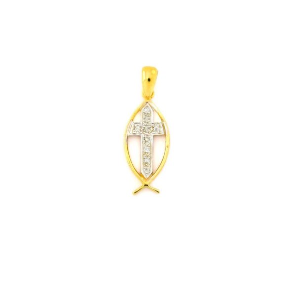 Colgante 14K Oro Pez y Cruz de Jerusalén con Diamantes 0.12 ct