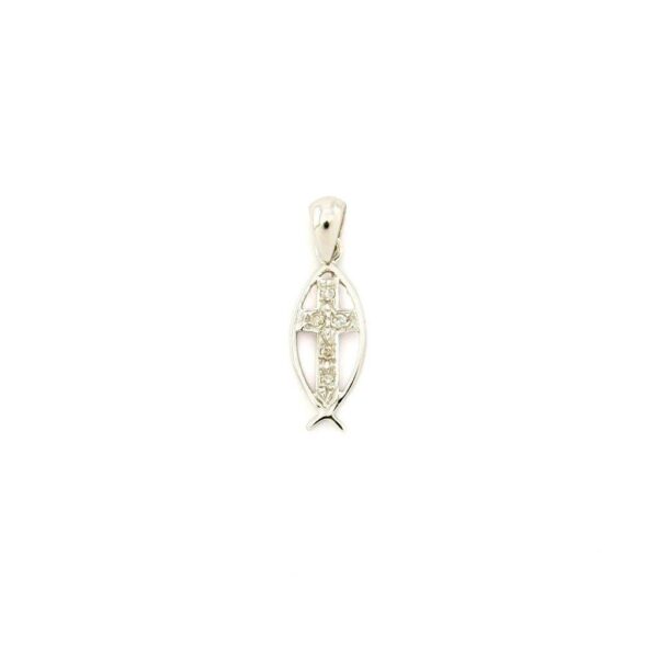 Colgante 14K Oro Pez con Cruz, 0.06 ct de Diamantes