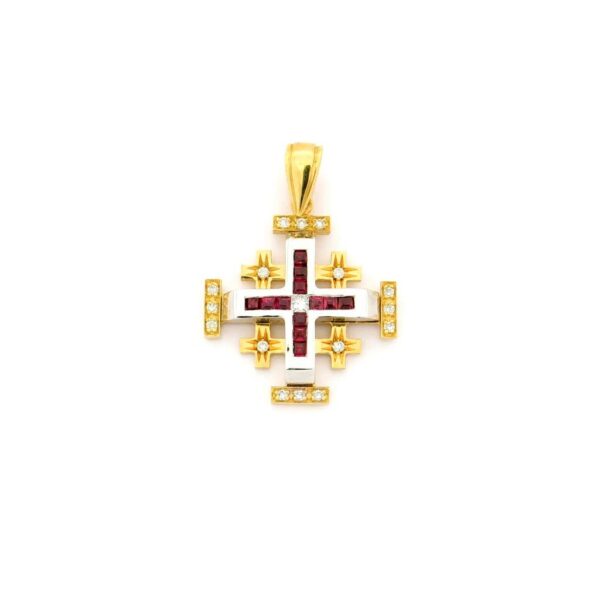 Cruz de Jerusalén en oro de 14K con 0.24 ct de diamantes y 0.45 ct de rubíes