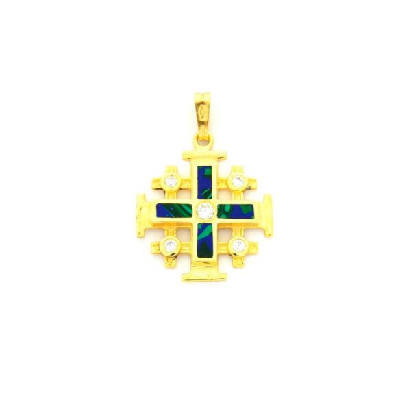 Cruz de Jerusalén en oro de 14 quilates con malaquita y diamantes